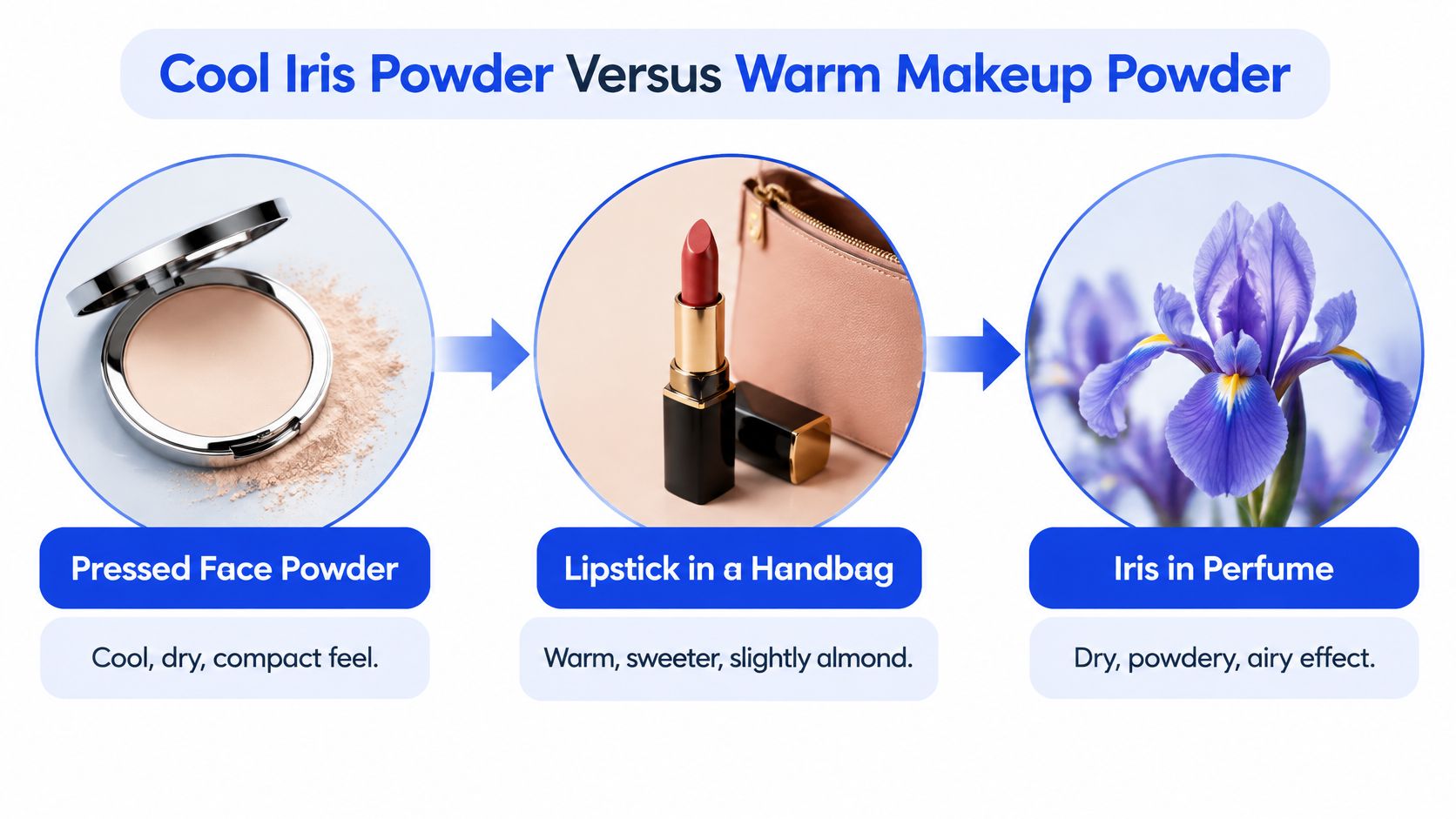 Best Powdery Perfumes for a Soft, Sexy Mood 1 A comparison chart showing the progression from pressed face powder to lipstick and finally iris in perfume.