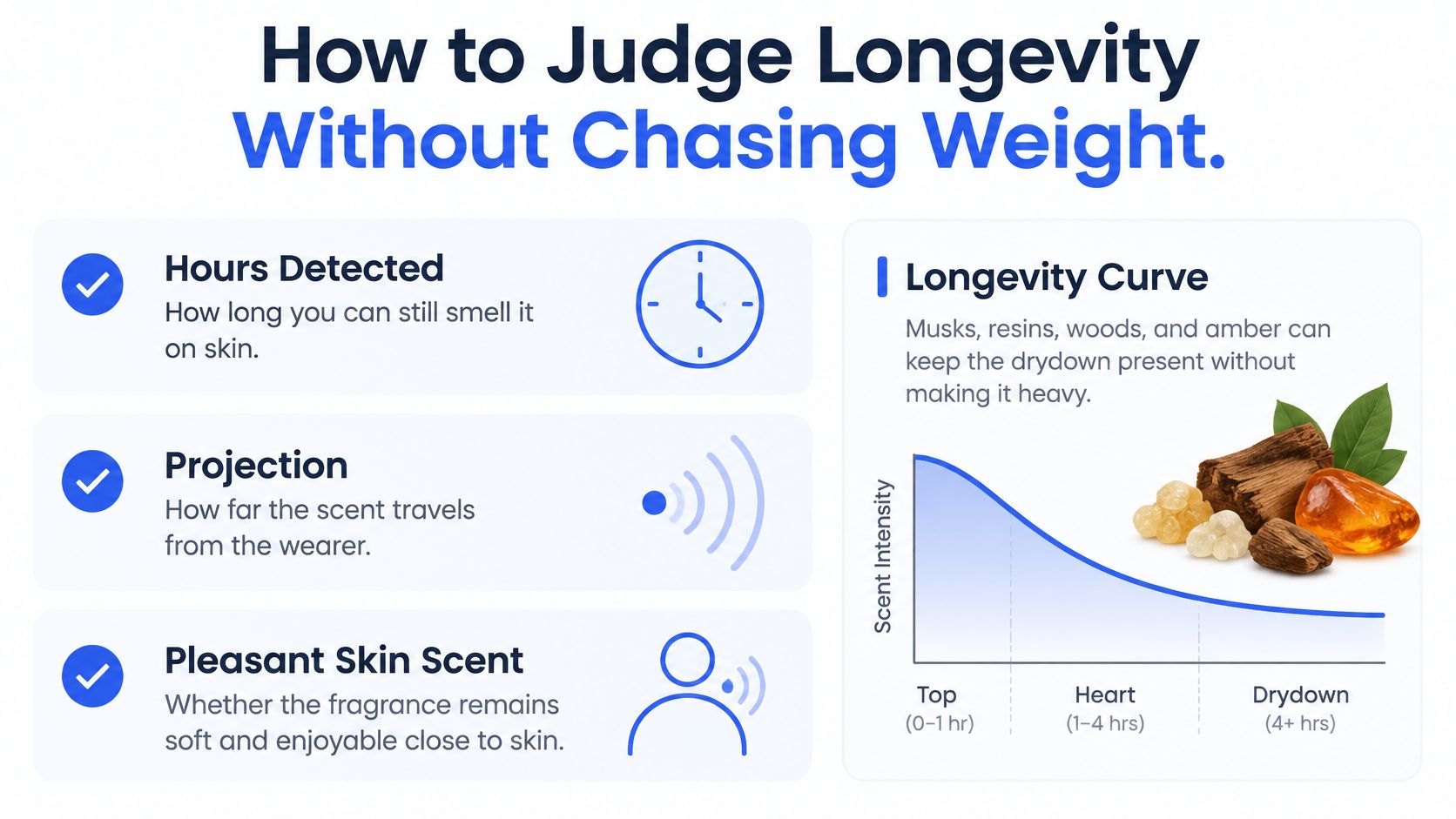 Best Powdery Perfumes for a Soft, Sexy Mood 3 An infographic titled How to Judge Longevity Without Chasing Weight, illustrating perfume longevity factors and scent curves.