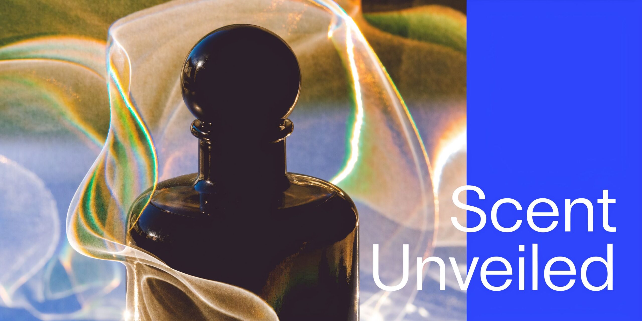 A sleek, dark perfume bottle standing in front of an abstract, iridescent light display titled Scent Unveiled.